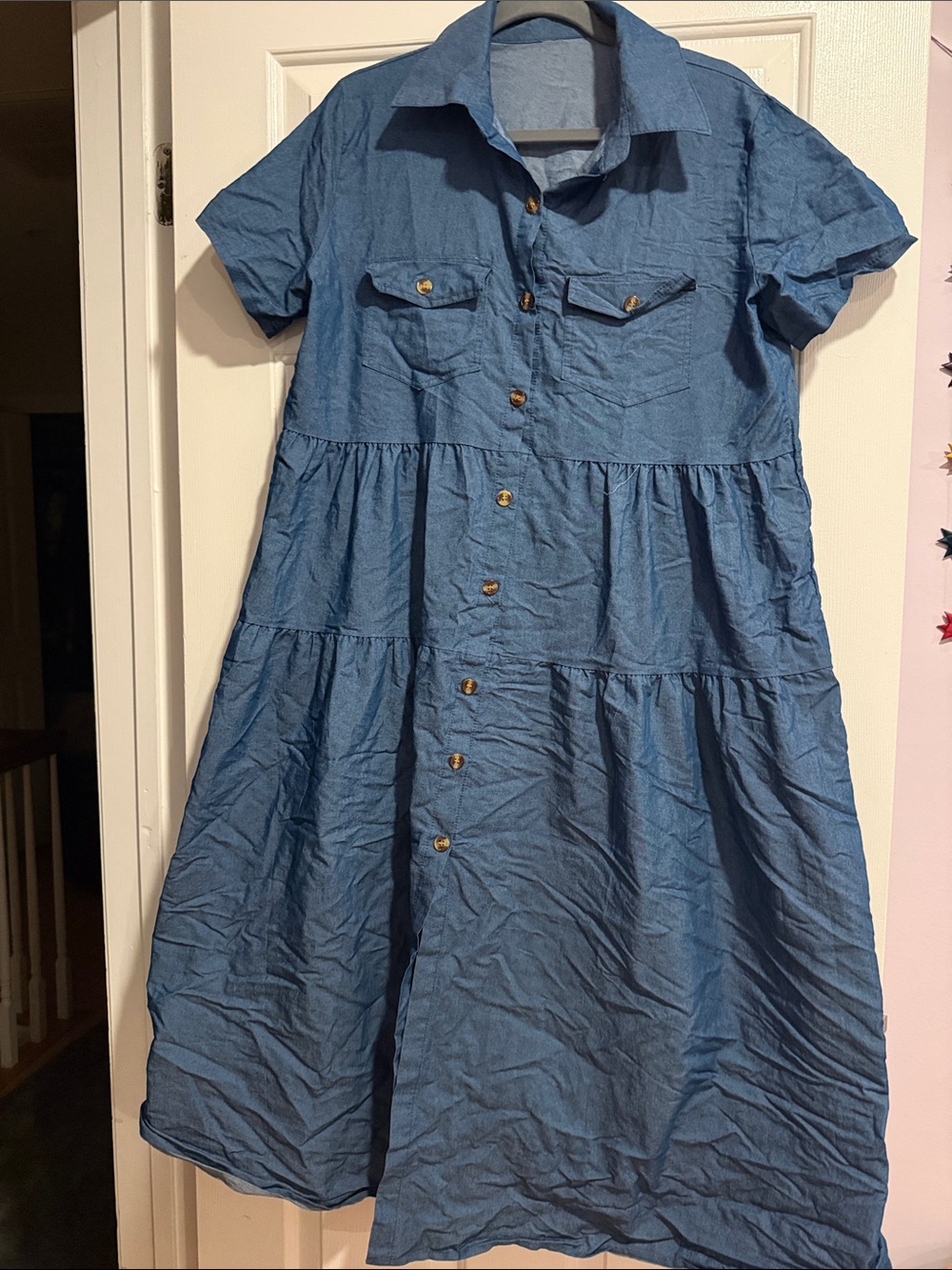 Blue Button-Front Tiered Shirt Dress